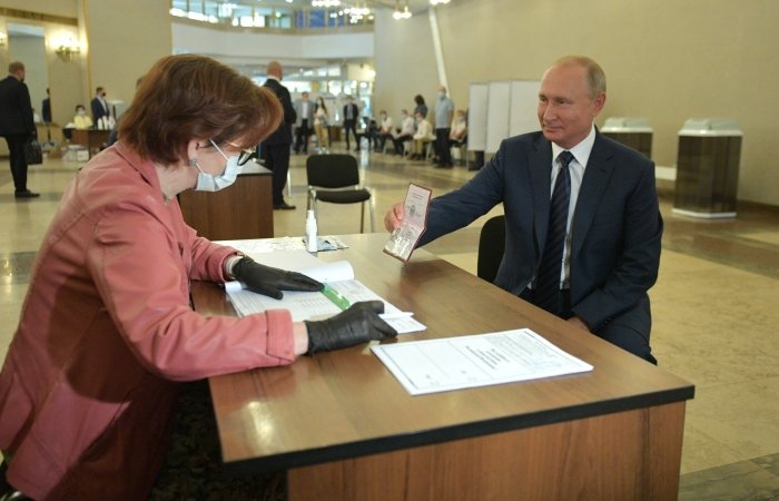 Vladimir Putin during the nationwide vote on amendments to the Constitution at the polling station No. 2151 located on the premises of the Russian Academy of Sciences.