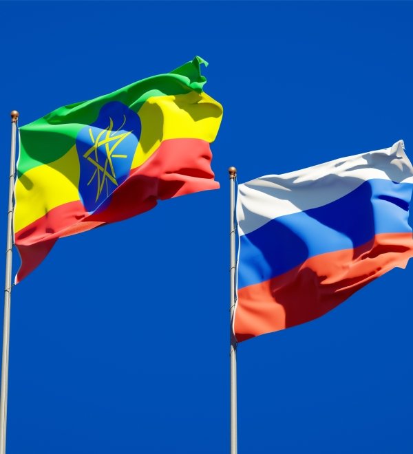 Flags of Ethiopia and the Russian Federation flying in the wind