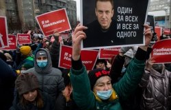 Moscow, Russia. 23rd of January, 2021 People take part in an unauthorized rally in support of Russian opposition leader Alexei Navalny in Tverskaya Street in the central Moscow, Russia