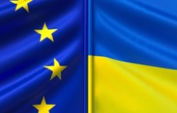 Flags of Ukraine and the European Union. Blue flag with stars. Blue and yellow flag. State symbols. Sovereign state. Independent Ukraine. 3D illustration