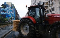 Farmers use tractors during a protest of European farmers over price pressures, taxes and green regulation, on the day of an EU Agriculture Ministers meeting in Brussels, Belgium, February 26, 2024.